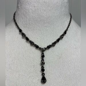 1928 Gun metal tear drop necklace with black and clear stones